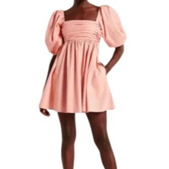 Powder Pink Puff Sleeve Square Neck Dress XL Smocked Back Cotton - Picture 2 of 15